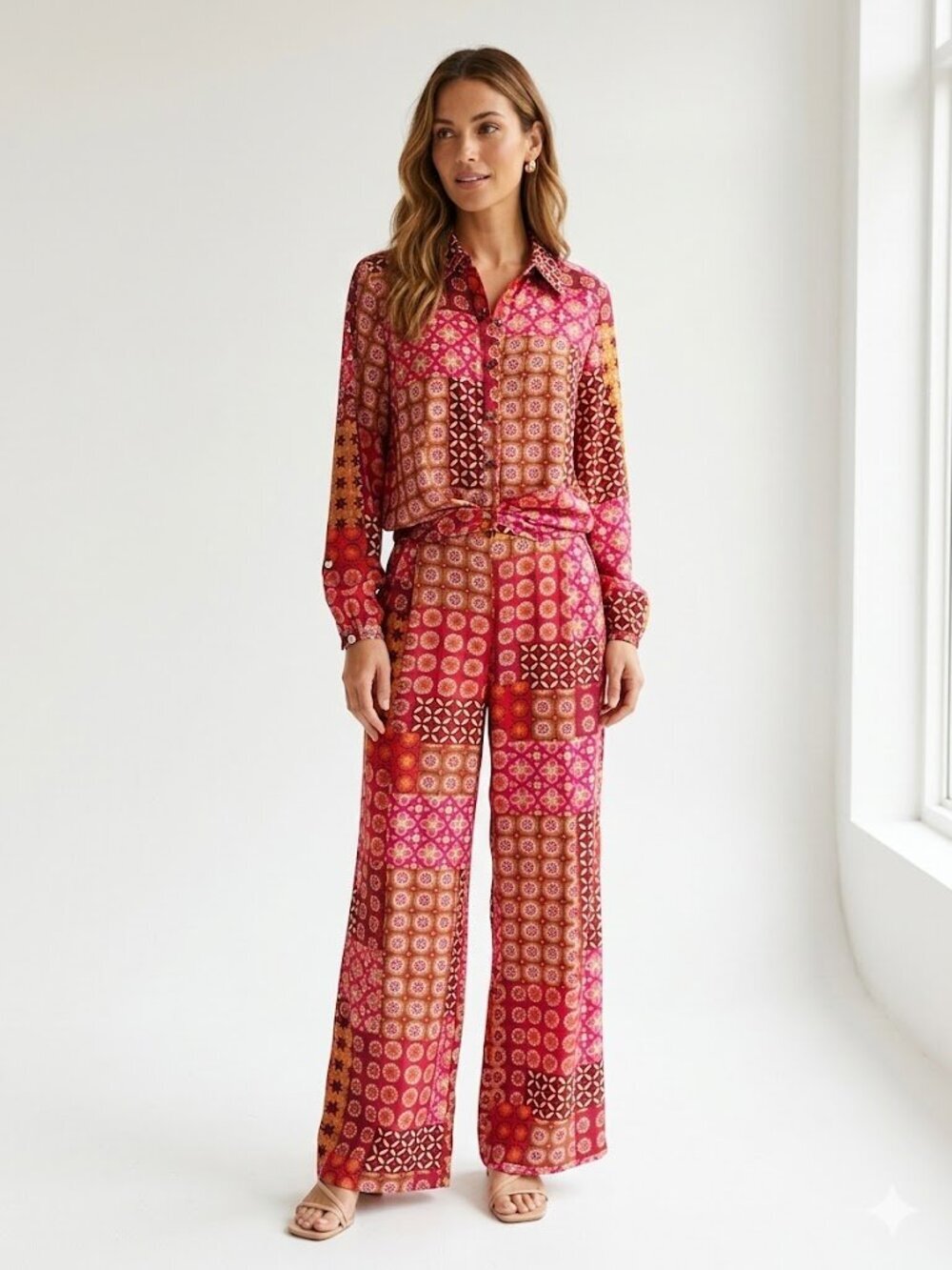 Drew Patchwork Set Boho Satin Feel Matching Top & Pants Small Retro Print